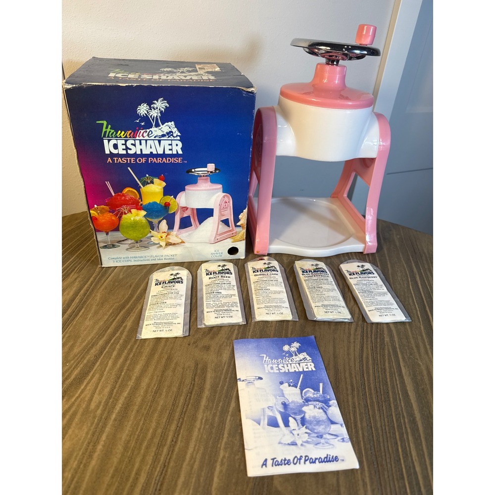 Vintage 1987 Hawaiian Ice Shaver Manual Snow Cone Maker S400 Pink White With Box